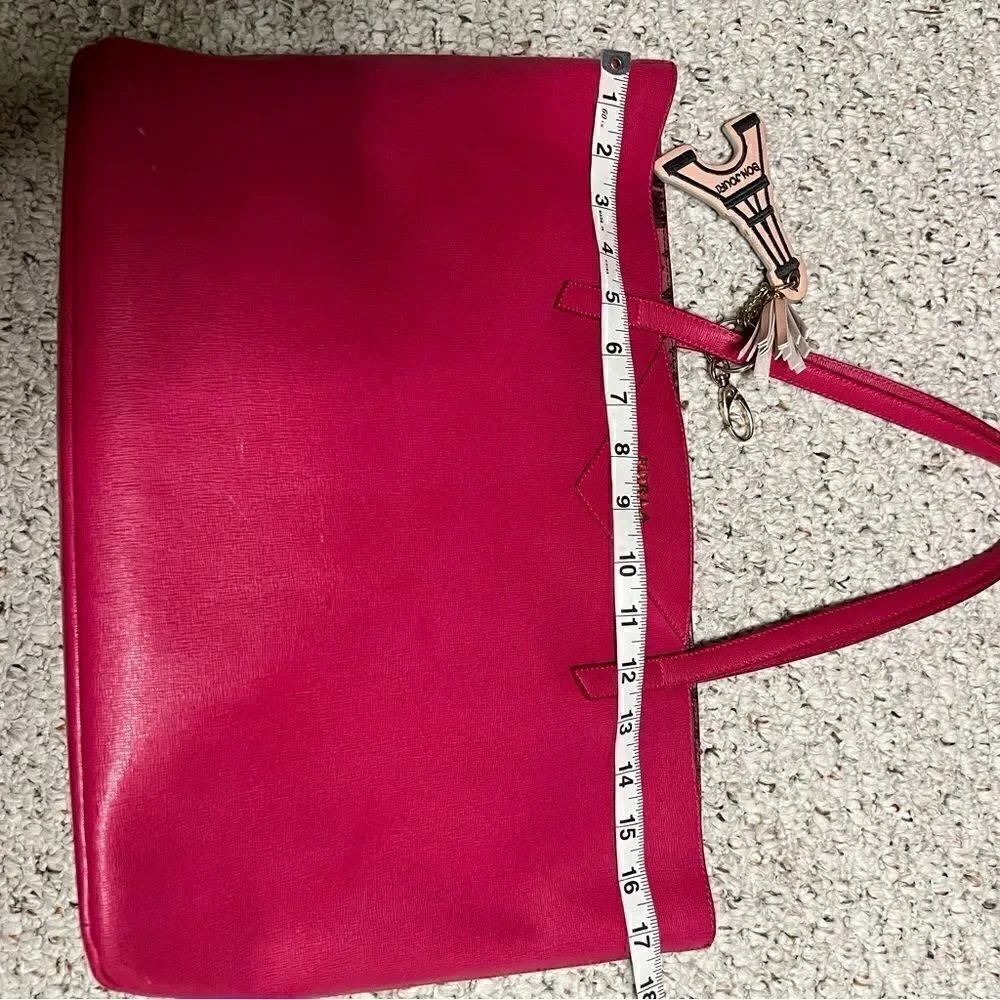FURLA  Pink Leather Tote Bag with Eiffel Tower Charm Leopard Print Interior